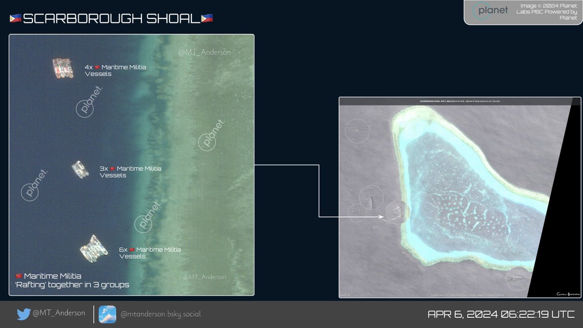 🇵🇭SCARBOROUGH SHOAL🇵🇭 Add another item to the list. 🛰️📷 indicates 'rafting' groups on the west side of Scarborough Shoal (6/7 April). 3x rafted groups totalling 13 🇨🇳Maritime Militia vessels. Also, potential 🇨🇳PLAN patrol on the south side (Type 52 & Type 34: not 100% on ID).