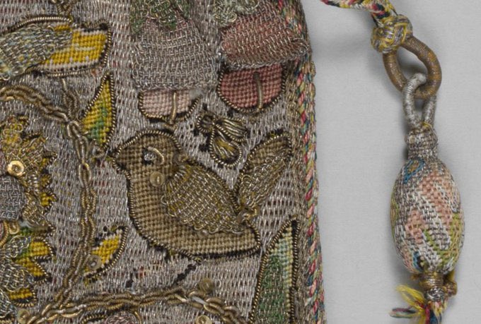 Purse, early 17th century, British Catalogue notes: 'Small decorative purses and bags such as this one rarely appear in sixteenth- and seventeenth-century portraits, but they have survived in relatively large numbers'. (Met Museum) This is one with much gold & silver thread