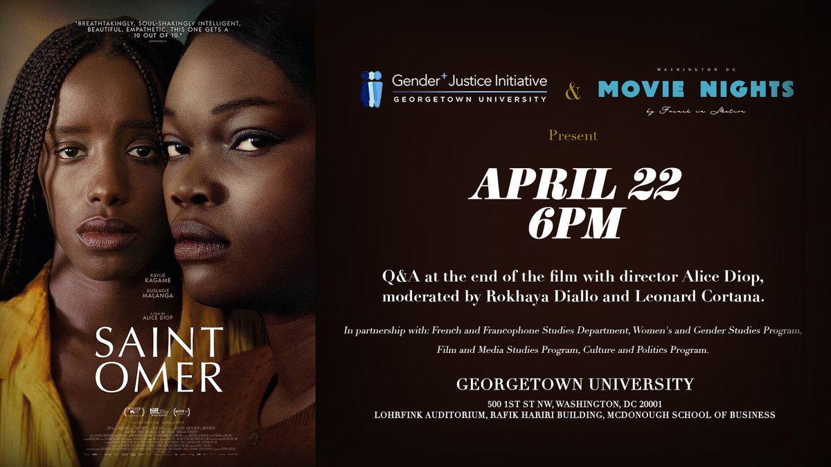 🎥 Join us on Tuesday, April 22nd, as GENRE + JUSTICE presents a screening of the film 'Saint Omer' by Alice Diop at Georgetown University. 👉The screening is free of charge. More Info, click Here: eventbrite.com/e/saint-omer-t…