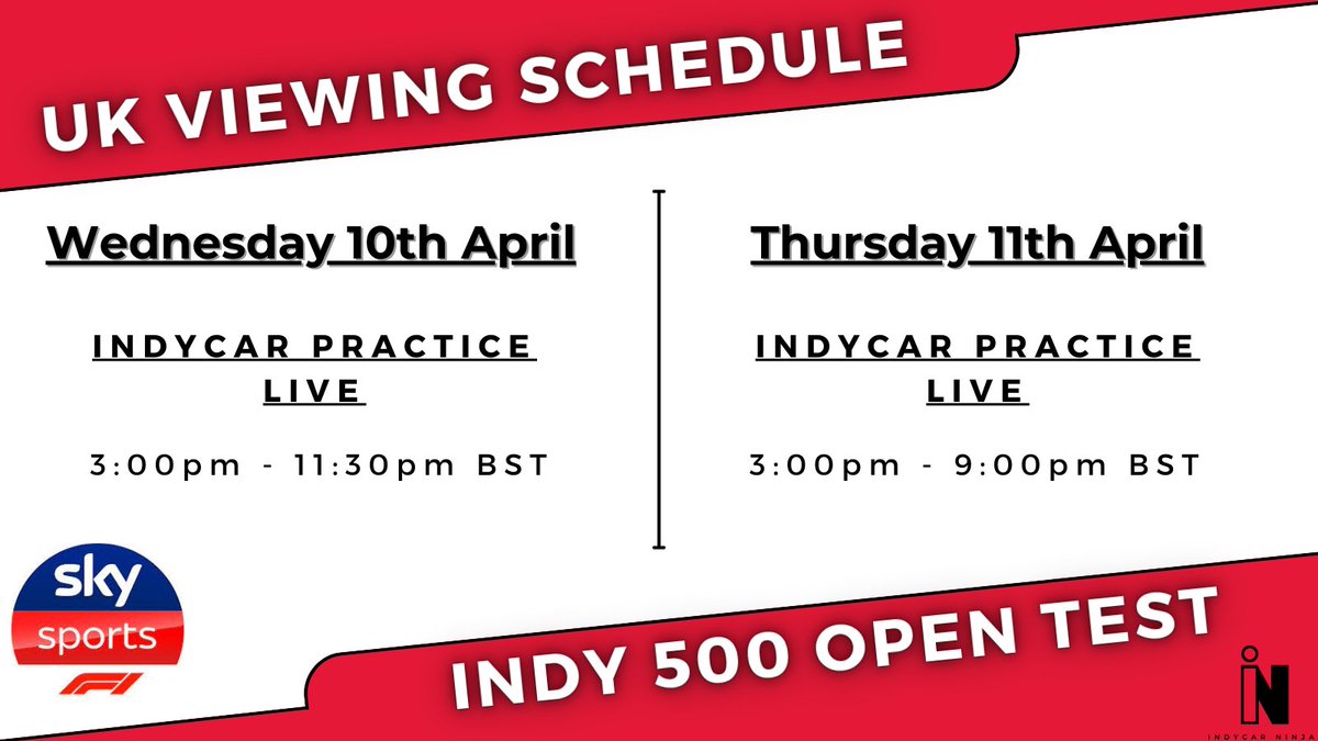 Here are the UK times for the @IndyCar #Indy500 open test tomorrow at @IMS 

#IndyCar #SkyIndyCar @SkySportsF1 @TomGaymor @nellietellie