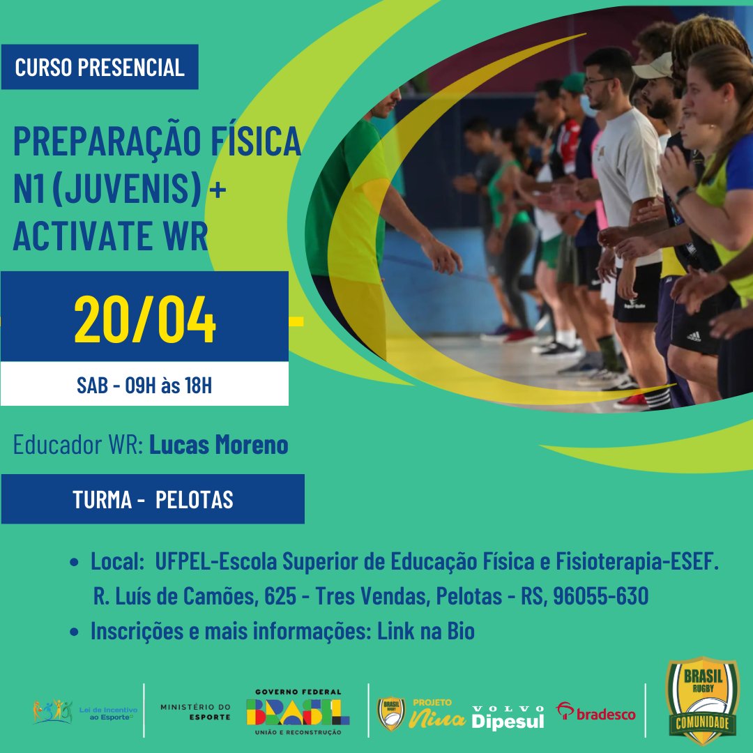 Oportunidade de expandir seus conhecimentos! Na região de Pelotas/RS teremos o Curso de Primeiros Socorros e Preparação Física N1 + Activate WR Acesse e inscreva-se: brasilrugby.com.br/2024/04/08/cur…