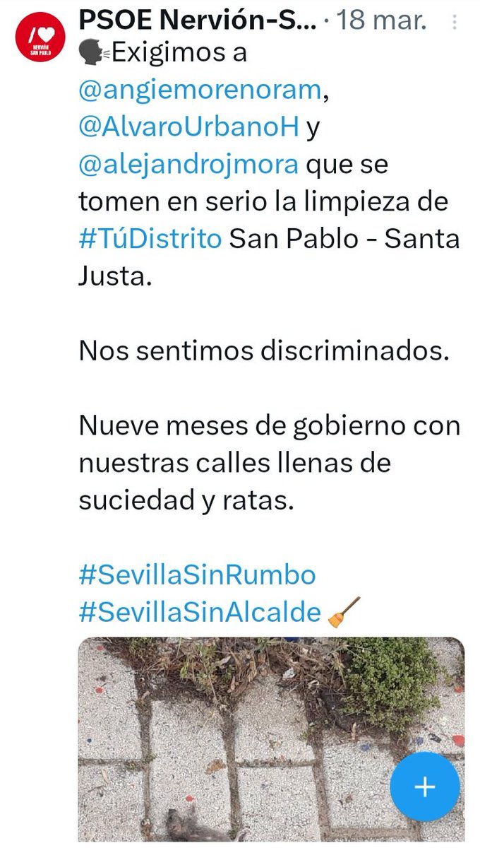 Desde el 18 de marzo, y la rata sigue en el mismo lugar que denunciamos de #TúDistrito San Pablo- Santa Justa.

#SevillaSinRumbo 
#SevillaSinAlcalde 🧹