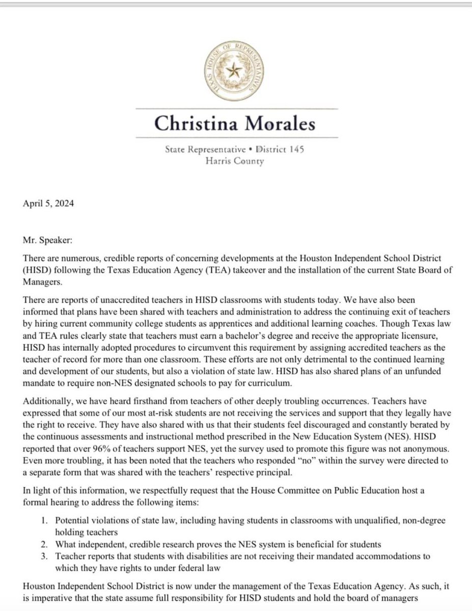 Nine Houston-area state Democratic representatives are asking for a House education committee meeting to address “potential violations of state law” in @HoustonISD. They cite “numerous, credible reports of concerning developments” in the school district after the state takeover.