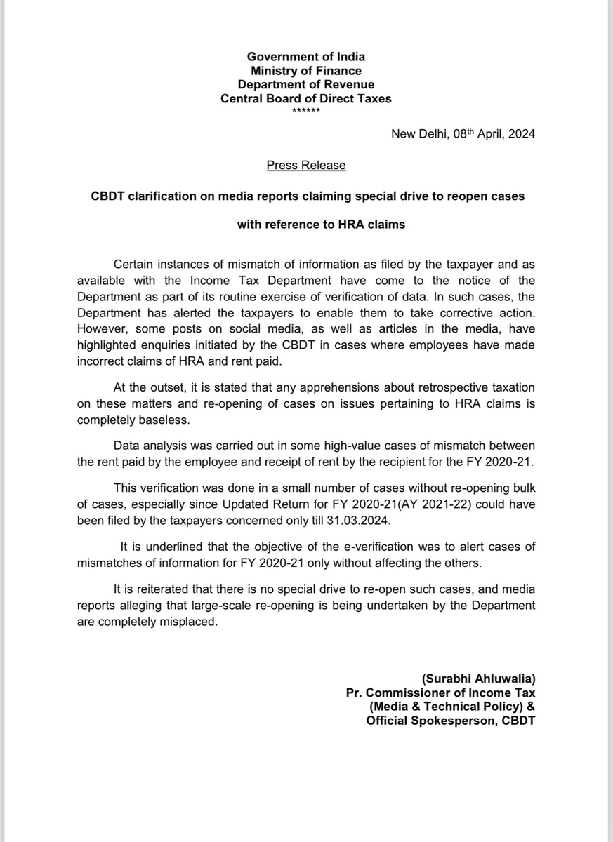 CBDT clarifies that apprehensions about retrospective taxation on re-opening of cases on issues pertaining to HRA claims are completely baseless #CBDT has reiterated that there is no special drive to re-open such cases, and media reports alleging large-scale re-opening by the…