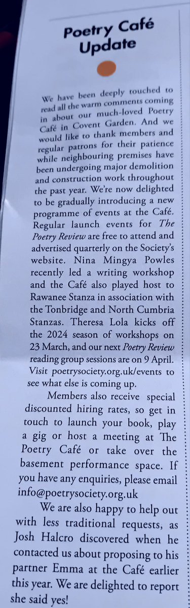 The Poetry Society are 'deeply touched to read all the warm comments coming in about our much-loved Poetry Cafe'. There's no announcement about a permanent re-opening yet but enquiries about booking the space should be sent to info@poetrysociety.org.uk chng.it/ZjZpC8cMQm