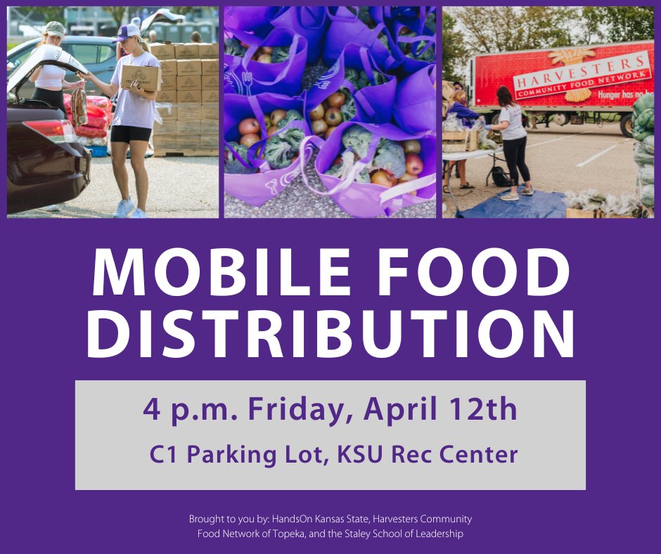 Mobile Food Distribution is this Friday! 🌽🍎

📍 C1 Parking Lot , KSU Rec Center 
 📅 4 P.M. Friday, April. 12
