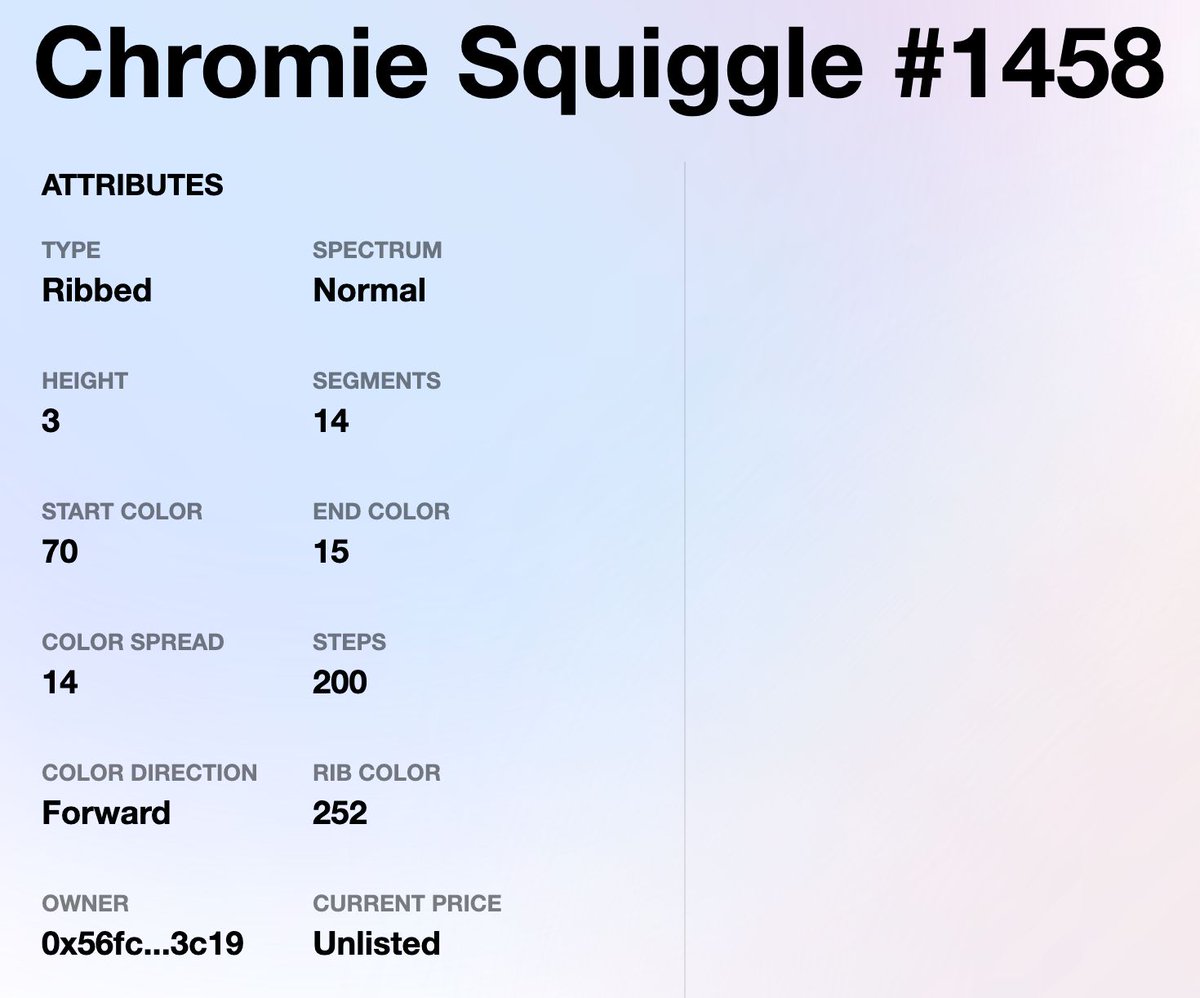 Curious to see if a Squiggle is (or is close to being) a harmonic? Consider DAO-owned #1458 You can find 'rib color' in the attributes for any Squiggle on our website. As for #1458, it is 252, which is 2 away from the harmonic marker of 250. Check: squiggledao.com/squiggle/1458