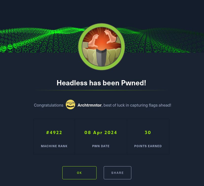 CTF No :- 30/100🎯🎯
Platform :- @hackthebox_eu 
Name :- Headless 🙃
Difficulty :- Easy : ) 🔥🔥
Skills :- Its HTB Things 🙃

#HackTheBox #ctf #CyberSecurity #oscp #CPTS #CBBH