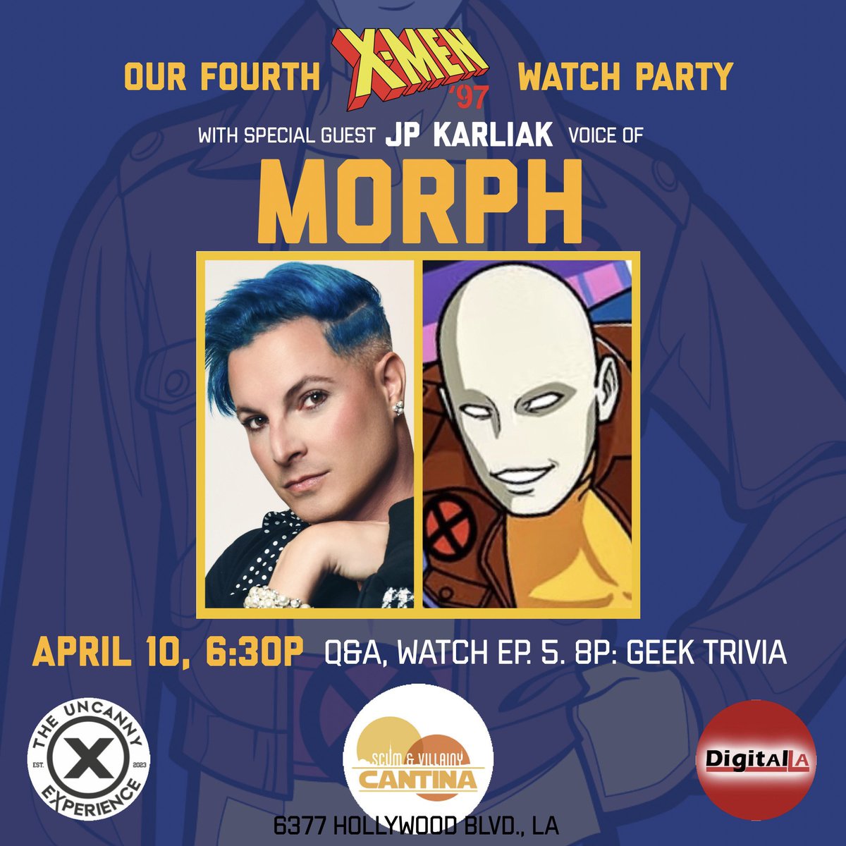 ❌ Join our watch party for the new X-Men ‘97 ep “Remeber It” w/ guest @jpkarliak the voice of Morph this Wednesday at 6:30pm at Scum & Villainy Cantina in Hollywood! W/ Q&A 🙋‍♂️ screening 📺 & group photo op 📸 Presented by: @theuncannyexp & @digitalla See you there, mutants!