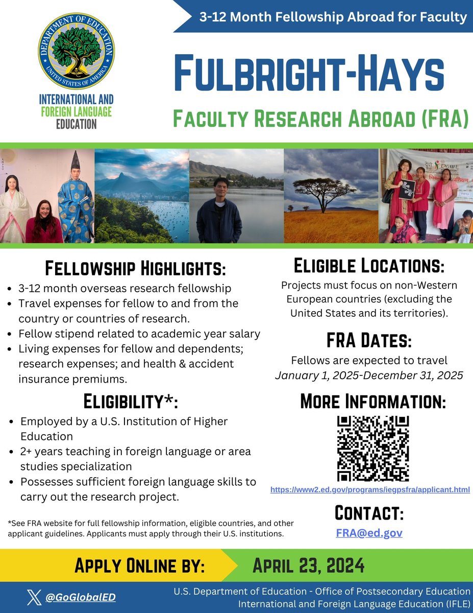 Savor the Extraordinary! #FundingOpportunity for #Faculty with the #FulbrightHays FRA program! #TravelAssistance #AcademicTravel #Research #IHEs #HigherEd #ApplyNow #AreaStudies #ForeignLanguages #BeGlobalReady @UChicagoCEAS @HowardU @UWCEAS @KUEastAsia @CSUBakersfield
