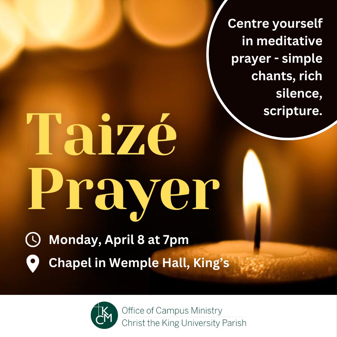 😌 Feeling anxious about upcoming finals? Why not join us for Taizé Prayer, a time of peaceful meditation. 7pm TONIGHT in the chapel in Wemple Hall. All are welcome. @kingsatwestern @WesternNewman