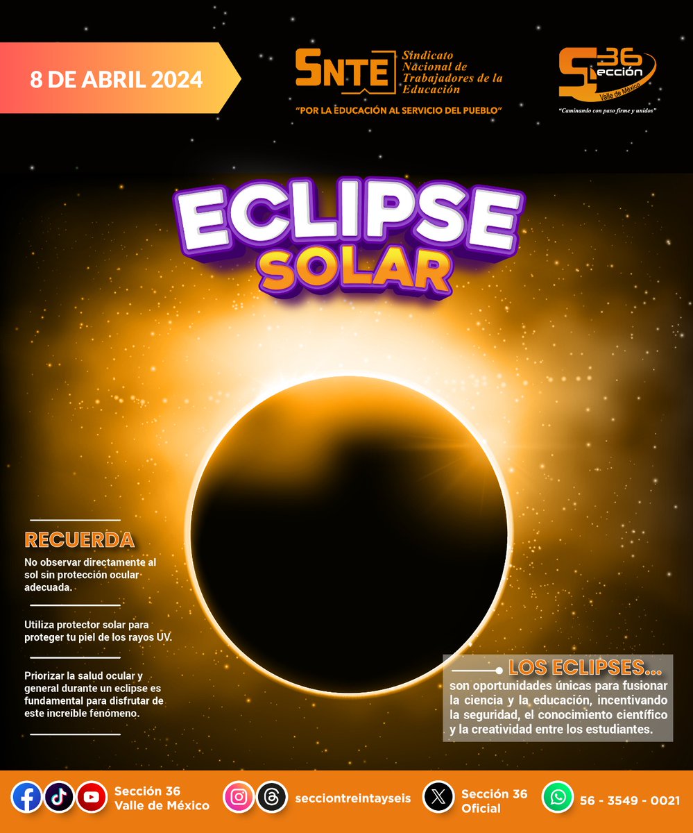 🙋🏻‍♂️ Los eclipses son oportunidades únicas para fusionar la ciencia y la educación, incentivando la seguridad, el conocimiento científico y la creatividad entre los estudiantes; recuerda tomar las precauciones necesarias para disfrutar de este increíble fenómeno. #Eclipse2024