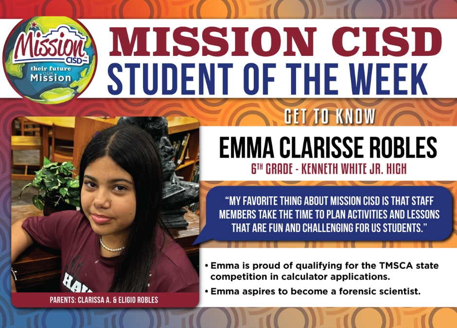 Meet our Junior High Student of the Week! 🌟 Emma Clarisse Robles, 6th Grade from Kenneth White Junior High