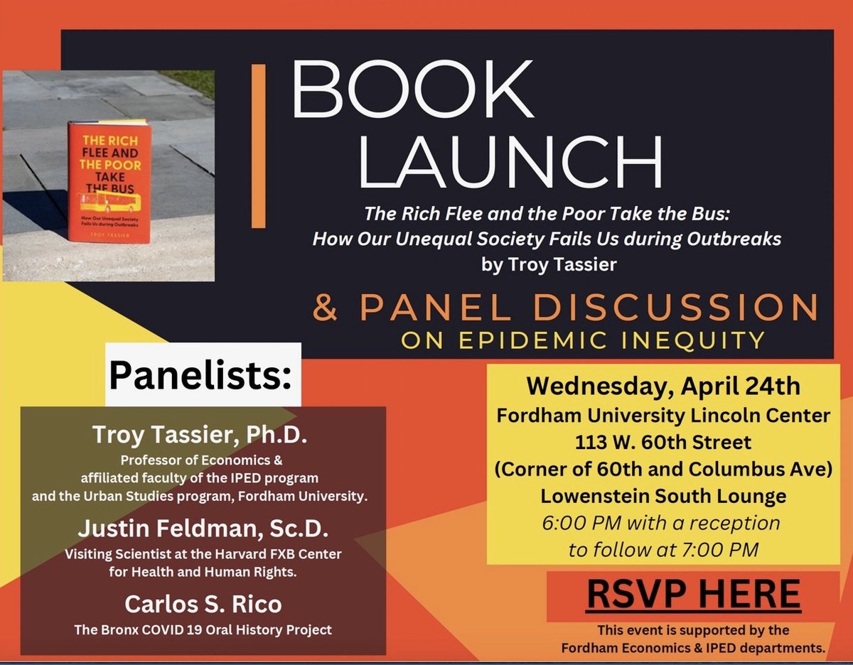 NYers, mark your calendar. Happy to announce a book launch event for the Rich Flee and the Poor Take the Bus.Weds April 24, 6PM @ Fordham Lincoln Center RSVP here: fordham.co1.qualtrics.com/jfe/form/SV_0S… troytassier.com @jfeldman_epi @JHUPress @kkperezbooks @RobinWColeman @anthonyjblake