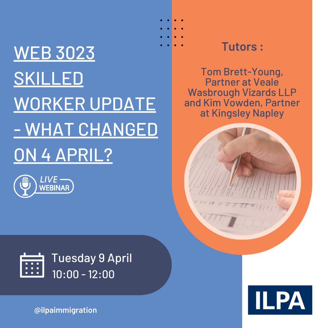 📢 Get up to speed with the changes to the #SkilledWorker route in tomorrow's webinar with Tom Brett-Young of @VWVLawFirm and Kim Vowden of @kingsleynapley. Places still available. Book now 👇 ilpa.org.uk/event/web-3023… #ILPAtraining