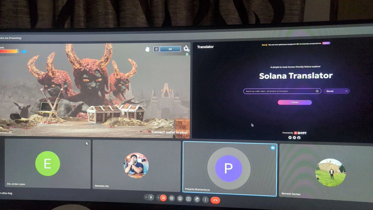 @RameshSachan @cele5tial_dev @memxor_ and I are recording the demo for @IntrantInferis game for @ColosseumOrg Renaissance hackathon Perks of having a big screen🙌 @Shyft_to solana translator to the rescue 🎮 On-chain gaming will never be the same again! 😎