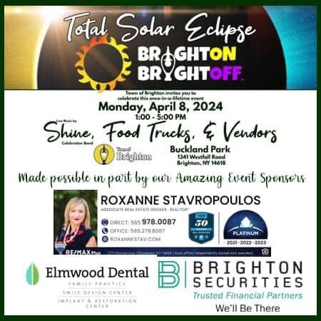 It’s Total Solar Eclipse Day! 🌓🕶️☀️ Grab your solar glasses and moon cookies and join us and @townofbrighton from 1-5p today at Buckland Park for food trucks, vendors, music & more! Join us for the BrightOn BrightOff Total Solar Eclipse! #SolarEclipse #ROCHESTER