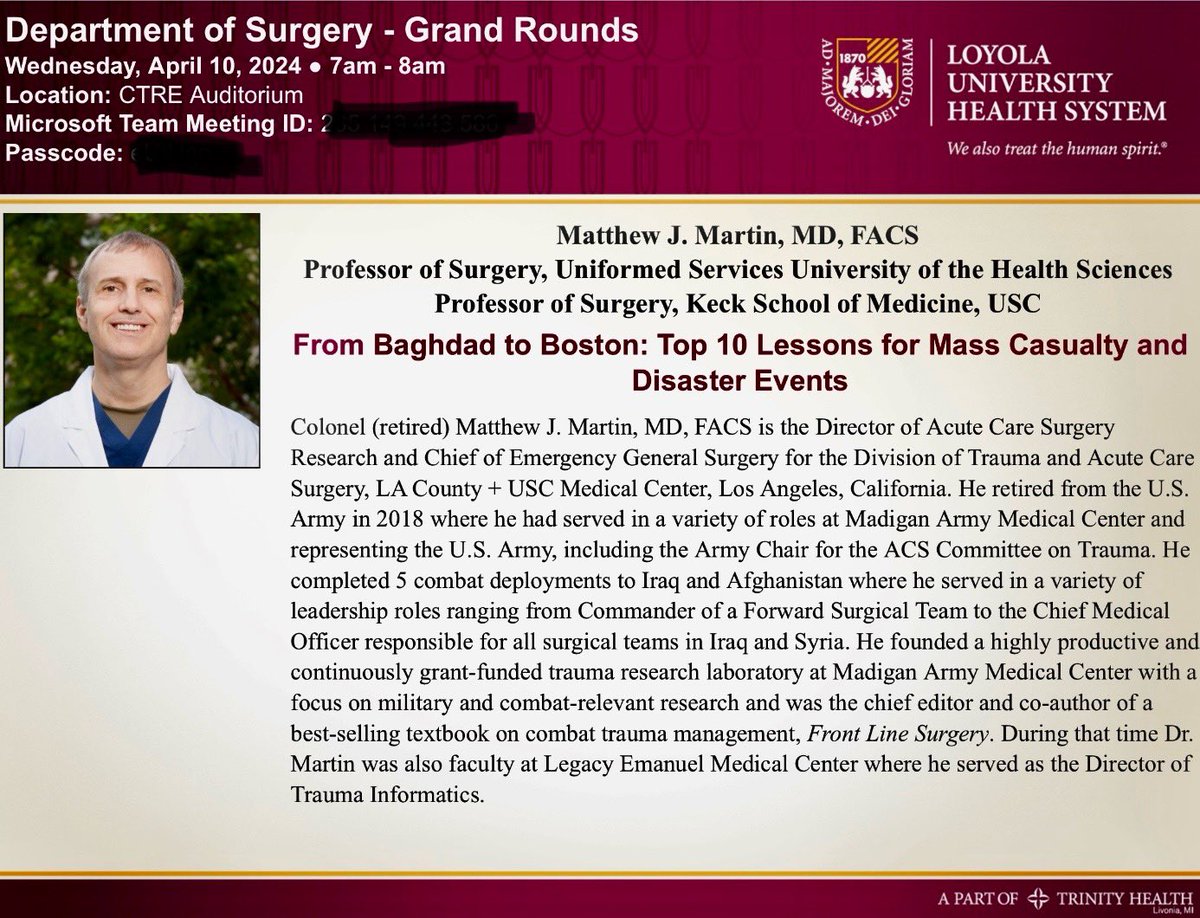 Coming up this week for #grandrounds.  Our annual Freeark Lectureship with @docmartin22 on 4/10! #surgicaleducation @VivianGahtanMD @StevenD58706204 @LoyolaSurgery @LoyolaMedMD @LoyolaMedEd @pppatelmd @manstadt @HornorMD #trauma #surgicalcriticalcare @AmCollSurgeons @TSACO_AAST