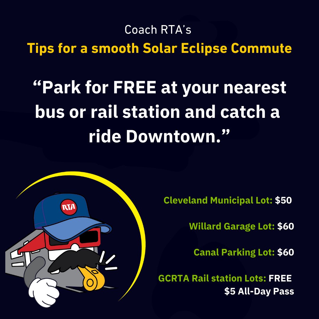 Skip parking fees! Park FREE at nearby bus/rail stations & hop on #GCRTA! Details and FREE parking locations 👇 #SolarEclipse #CLEGuardians #OpeningDay