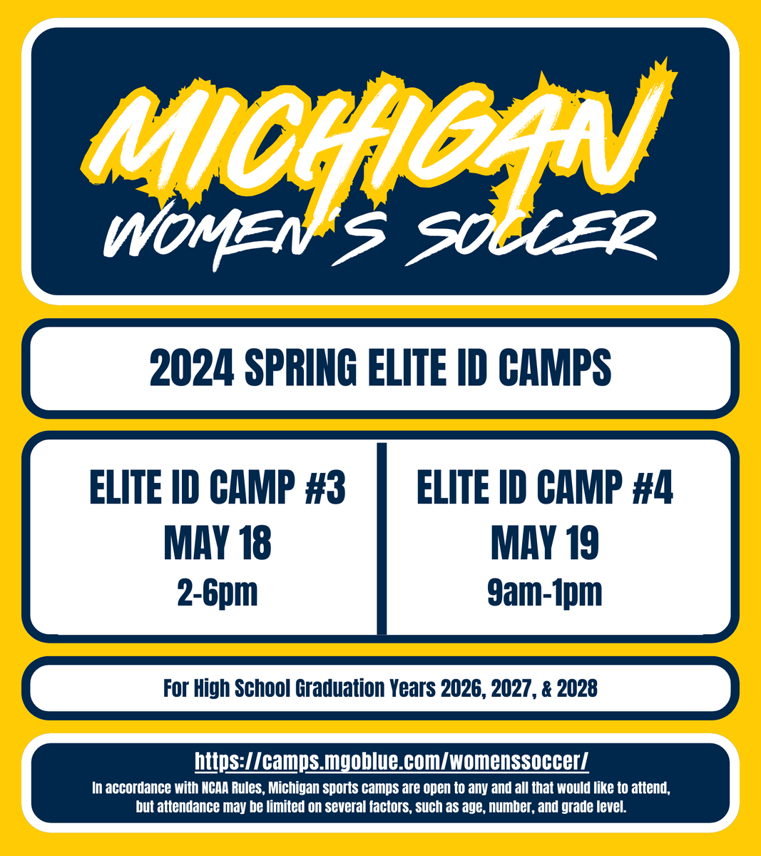 Don't miss out on our SPRING ELITE ID CAMPS ⚽. Space is limited. For more information and to register visit: camps.mgoblue.com/womenssoccer/ #GoBlue〽️