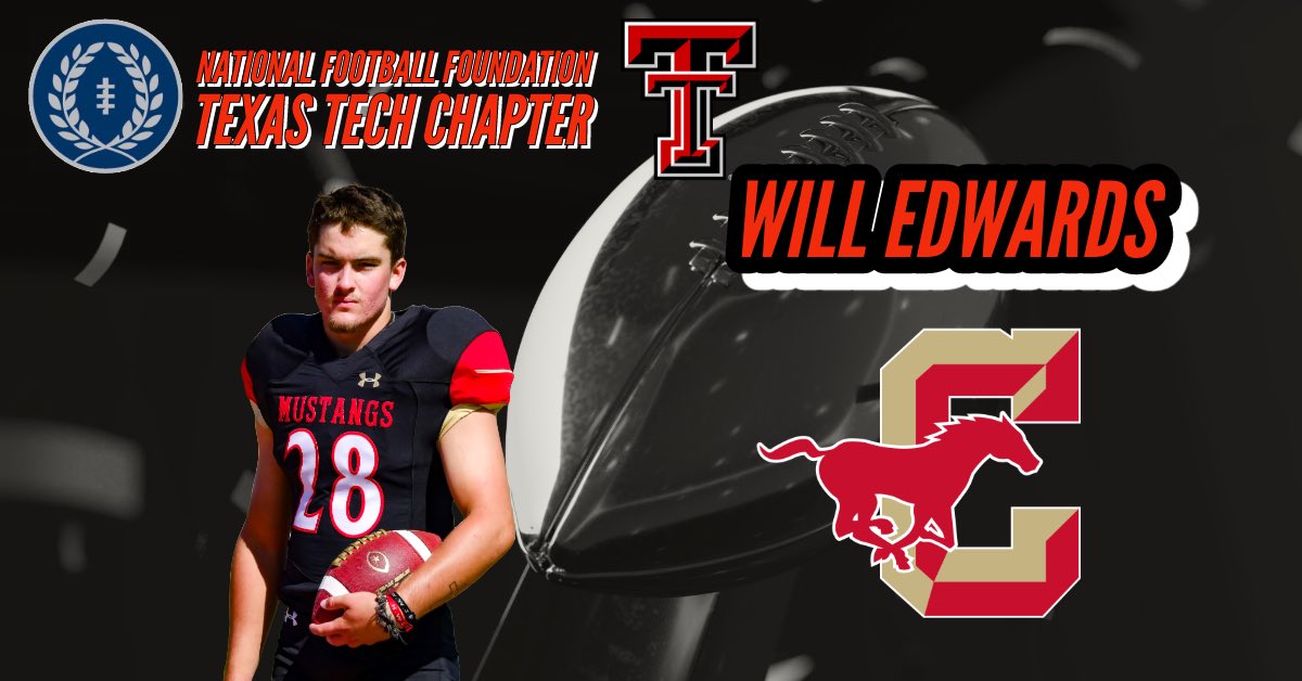 Representing the Lubbock Coronado Mustangs (& 𝘚𝘳. 𝘊𝘭𝘢𝘴𝘴 𝘗𝘳𝘦𝘴𝘪𝘥𝘦𝘯𝘵), Team Specialist of the Year & THSCA Academic All-State, the next 2024 @NFFTexasTech Scholar Athlete is 𝗪𝗶𝗹𝗹 𝗘𝗱𝘄𝗮𝗿𝗱𝘀!   @Coronado_Sports |@WillEdwards33 | @Coacharoy | @NFFNetwork