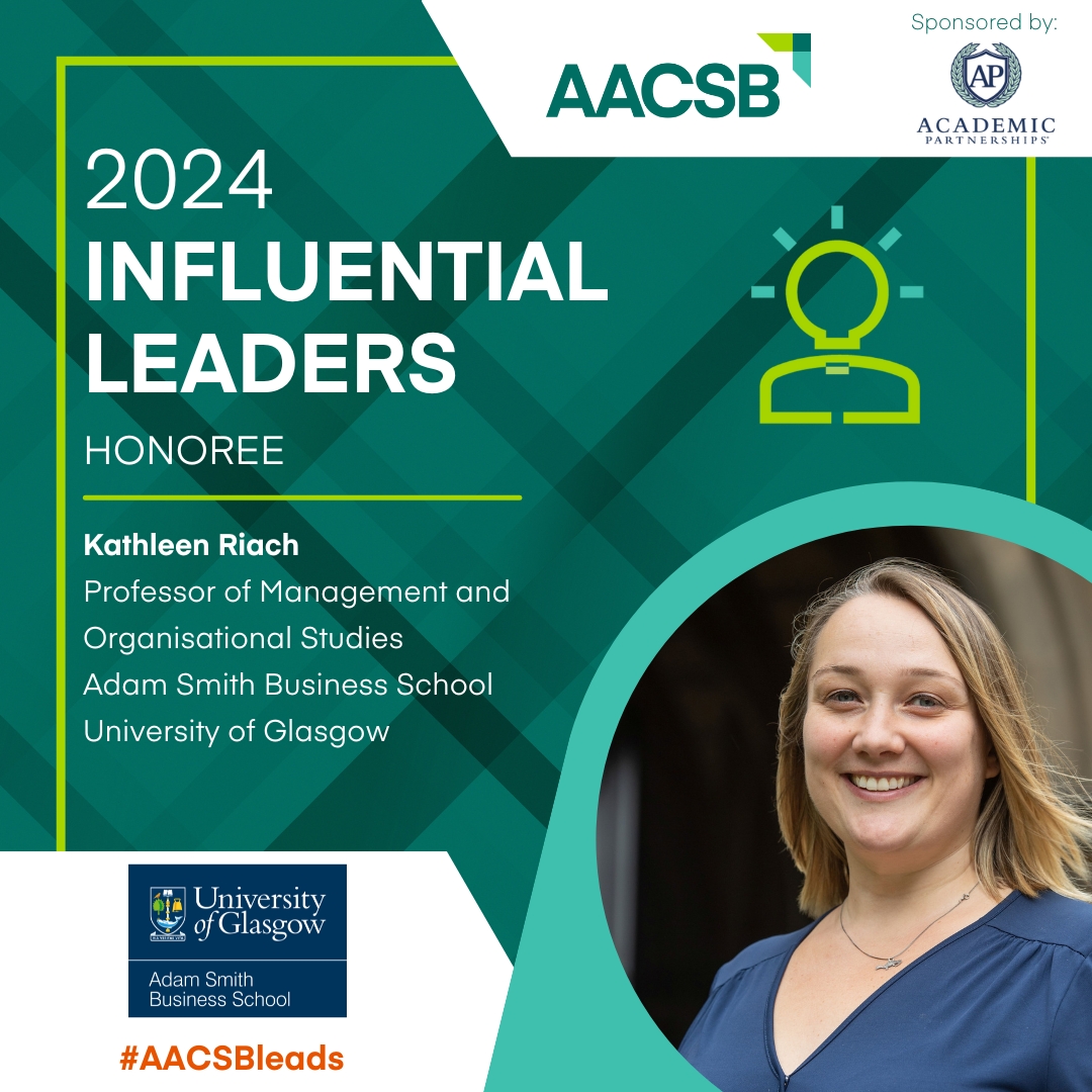 We are thrilled to announce that Professor Kathleen Riach has been recognised by the @AACSB as one of their Influential Leaders 2024!
aacsb.edu/about-us/advoc…

Huge congratulations from all of us here at the #AdamSmithBusinessSchool! 
#AACSBleads