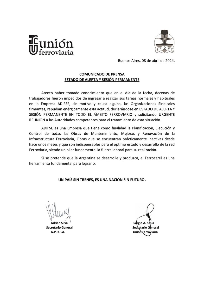 ⚠️ATENCIÓN!! 📝COMUNICADO DE PRENSA 📌ESTADO DE ALERTA Y SESIÓN PERMANENTE