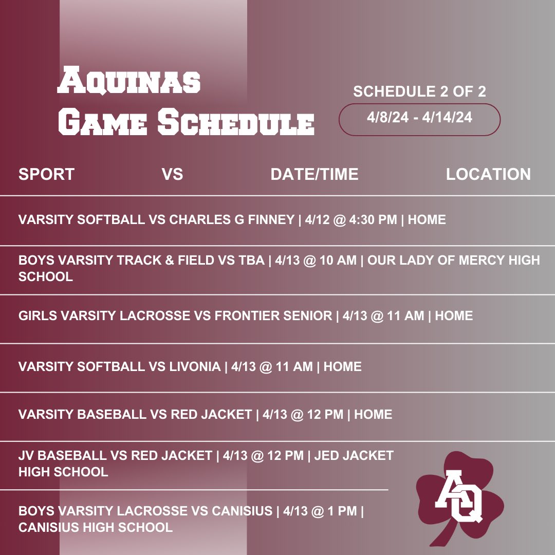 This week’s AQ Game Schedule! For more information, visit: sectionvny.org/public/genie/7…