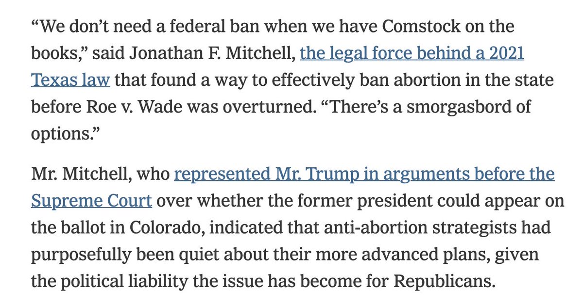 One of Trump's top lawyers has already said the plan is to stay quiet on abortion through the campaign—then use the Comstock Act to impose a nationwide abortion ban in 2025. Not only a ban on medication abortion, but ALL abortions, in all 50 states. nytimes.com/2024/02/17/us/…