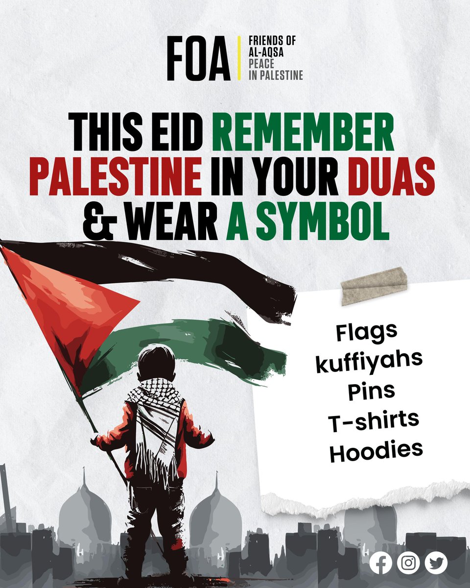 This Eid let's keep the Palestinians in our duas and wear a symbol of Palestine. You can remember the Palestinians by: - Waving the flag - Wearing the Kuffiyah - Wearing a pin or badge - Wearing a t-shirt or hoodie - Incorporating Palestine in your henna design/nail art Let…