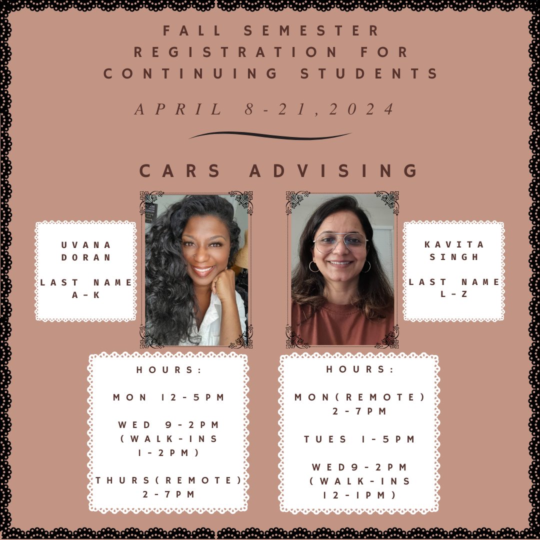 UNCG_CARS's tweet photo. Fall semester registration for continuing students starts today April 8th until April 21st

Be sure to go onto Starfish today and schedule an appointment with your assigned advisor to receive your Fall 2024 advising code. https://t.co/eqXKDRUB0N