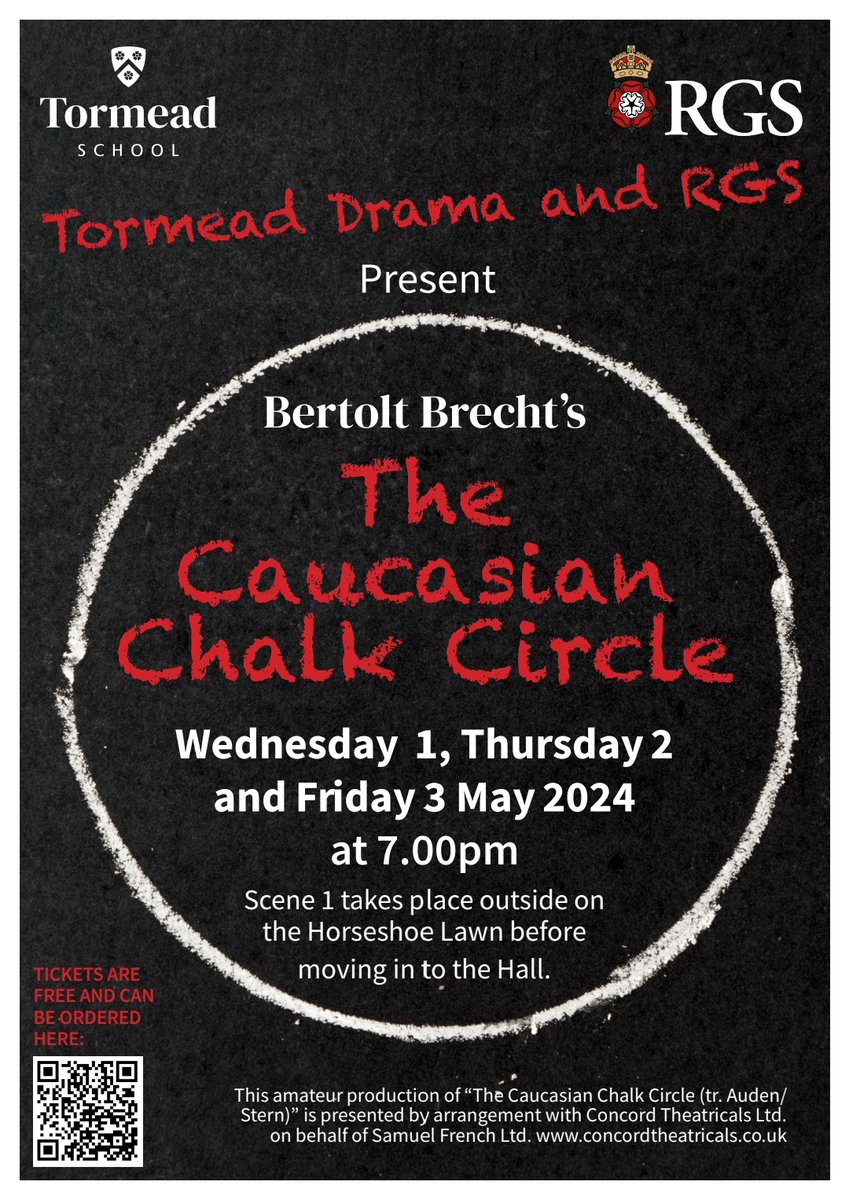 @TormeadDrama would love your company at our Lower School Production of 'The Caucasian Chalk Circle' on the 1st, 2nd &amp; 3rd May, featuring some boys from <a href="/RGSGuildford/">RGS Guildford</a>. More details to follow but, if you cannot wait, then (free!) tickets can be obtained via the QR Code below!
