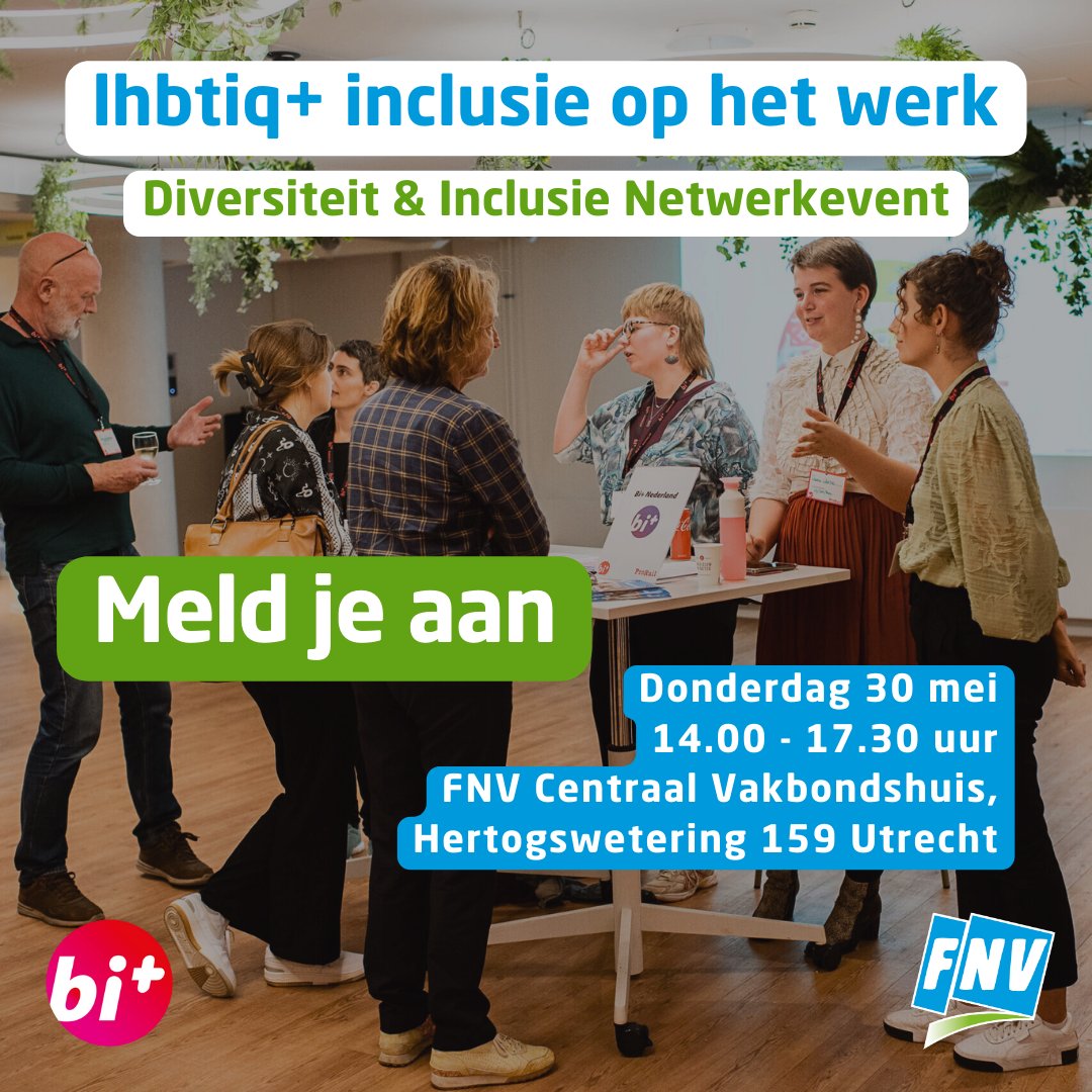 Na succesvolle events de afgelopen twee jaar, organiseert @biplusnl in samenwerking met Netwerk Regenboog FNV op donderdag 30 mei 2024 een D&I netwerkevent over lhbtiq+ inclusie op het werk. Meld je aan via fnv.nl/over-de-fnv/ac… #transgendernetwerk #meerliefdevooriedereen