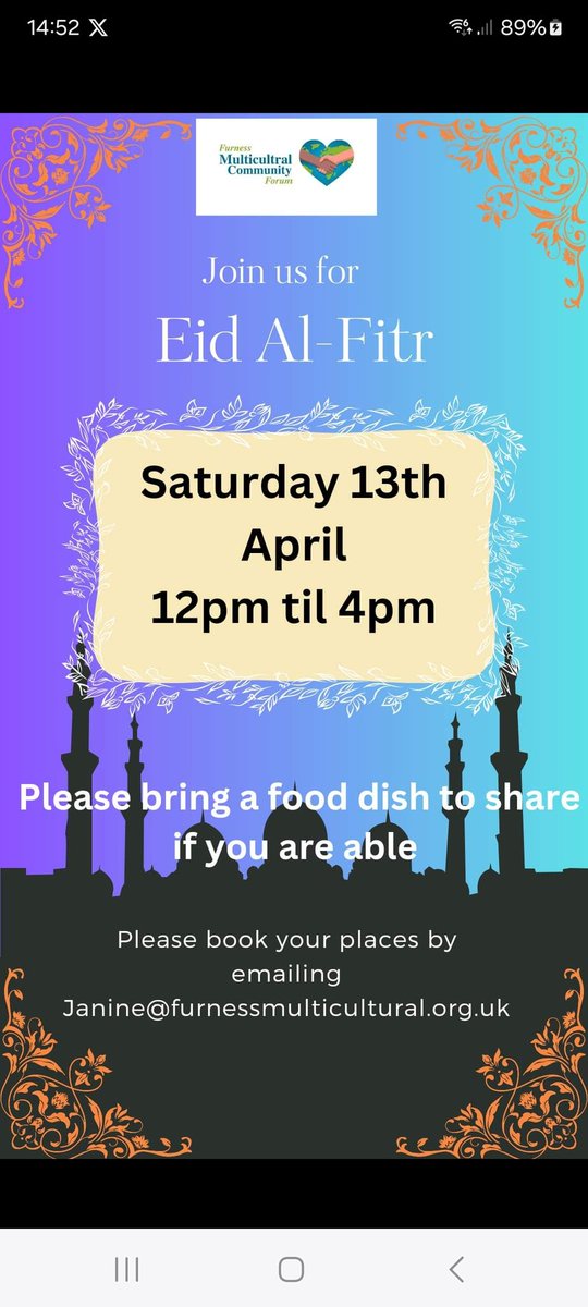 'Reminder that our Eid celebration is this Saturday and you must pre book your place so we can plan and accommodate appropriately' Contact details on poster