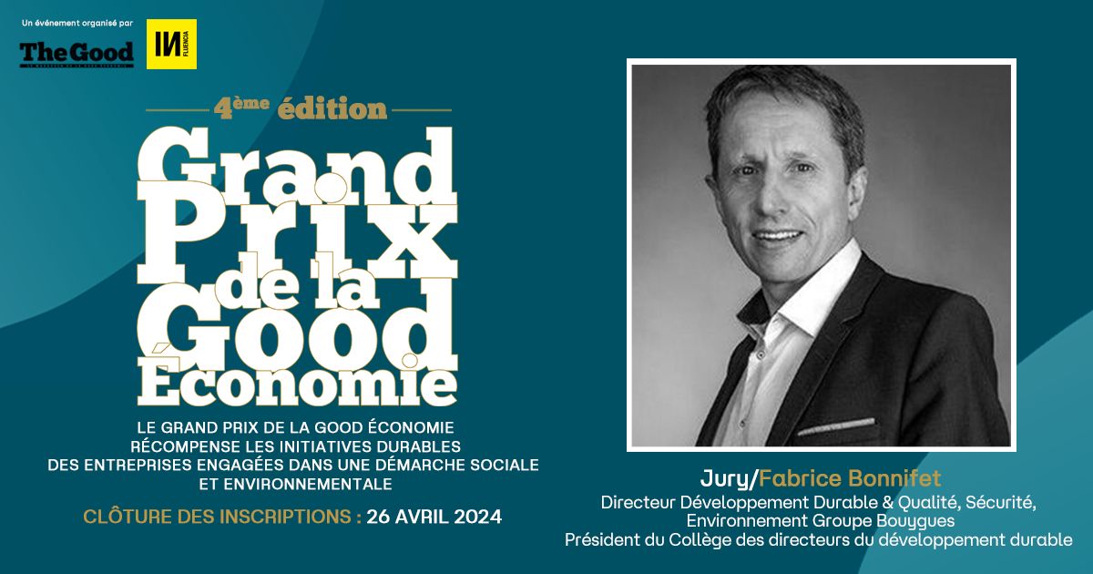 🟨  @FBonnifet, Directeur Développement Durable & Qualité, Sécurité, Environnement du @GroupeBouygues et Président du @c3_d, fait partie du jury du #GPGoodEconomie ! 

Candidatez jusqu'au 26 avril 2024 ! → gpgoodeconomie.fr/candidature/