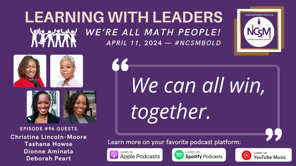 💜Coming 4/11! The #NCSMbold podcast w/ Black Womxn in Mathematics Education: Christina Lincoln-Moore Dr. Tashana Howse Dionne Aminata Deborah Peart Learn how their community for Black women supports making a difference in mathematics education. Listen: mathedleadership.org/podcast