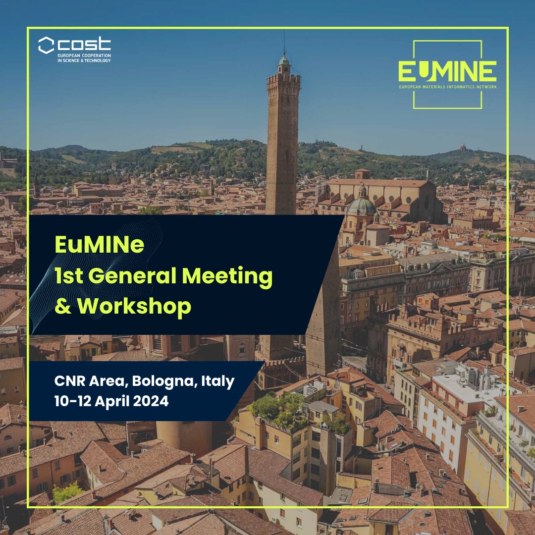 🌟 2 days to go! 🌟 
Join us for our 1st Meeting &amp; Workshop in Bologna, Italy! 🎉
🤖 Don't miss out on the latest in digital tech and AI for advanced materials!
Info and programme: eumine-cost.eu/eumine-1st-gen… 

#EuMINe #MaterialsInformatics #COSTAssociation #COSTActions
