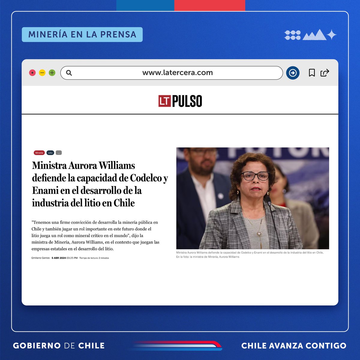 #MineríaEnLaPrensa | Luego de participar en el consejo de gabinete liderado por el Presidente @GabrielBoric, la ministra Aurora Williams se refirió al rol de las empresas públicas: 'Tenemos una firme convicción de desarrolla la minería pública en Chile y también jugar un rol…