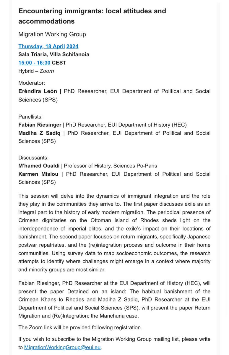 Join our next MWG session 'Encountering immigrants: local attitudes and accommodations'✨ @MPC_EUI 📅 Thu 18 April ⏰15- 16.30 🎙️Fabian Riesinger & @sadiq_madiha 💭@oualdi_m & Karmen Misiou 📍💻Villa Schifanoia & Zoom ℹ️ apps.eui.eu/EventRegistrat…