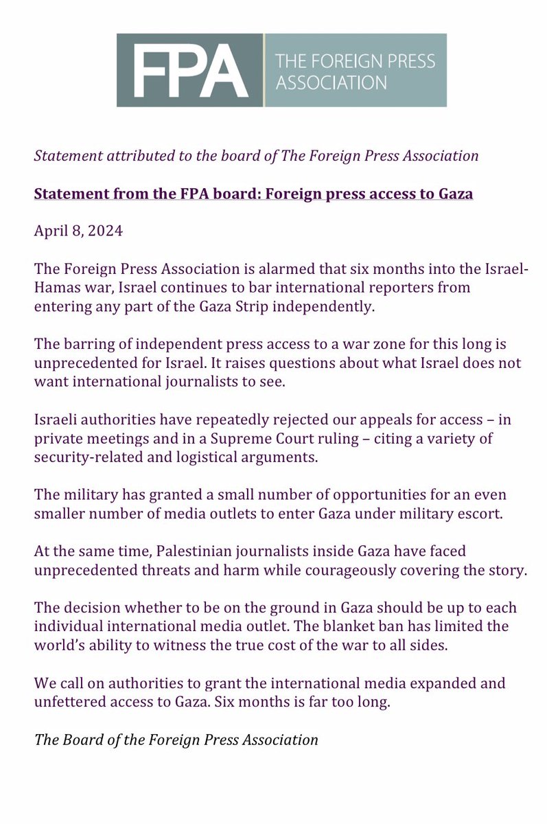 Foreign Press Association presses again for immediate access to Gaza raising “questions about what Israel does not want international journalists to see”. The US administration has also pressed Netanyahu directly on the issue, still no change.