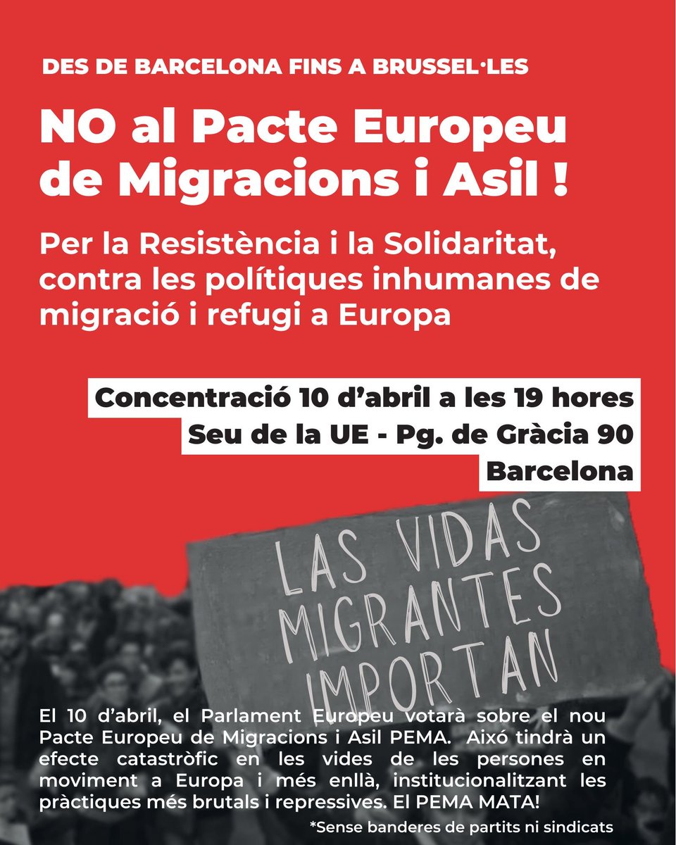 🔴 Demà es defineix el futur de 500mil persones migrants al Congrés amb la #ILPRegularització

🟢I dimecres 10 d'abril el futur de l'escenari de vulneració de drets i necropolítiques de fronteres amb la votació del Pacte Europeu de Migració i Asil. 
#NoAlPEMA 

🕖19h
📍Seu UE 👇🏼