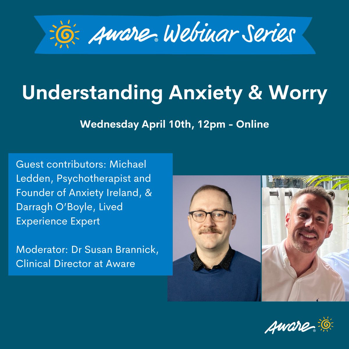 Join us on Wednesday at 12pm for our free webinar exploring the impact of anxiety and worry, and the mental health challenges people experiencing anxiety may face. Sign up for free 👉 aware.ie/webinars/upcom…
