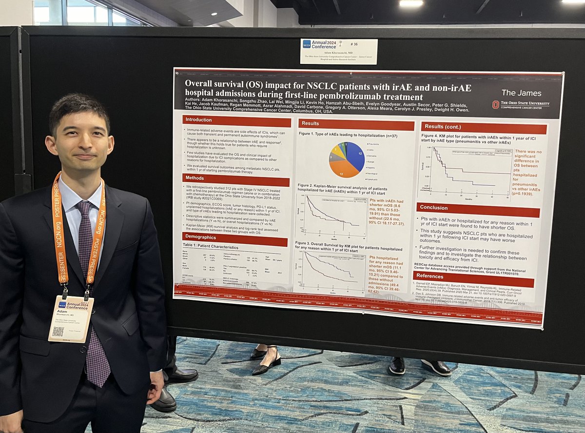 Dr. Adam Khorasanchi, one of our #medonc hospitalists, presenting on OS impact for #NSCLC patients with irAE and non-irAE hospital admissions during first-line pembrolizumab treatment at #NCCN24 @NCCN