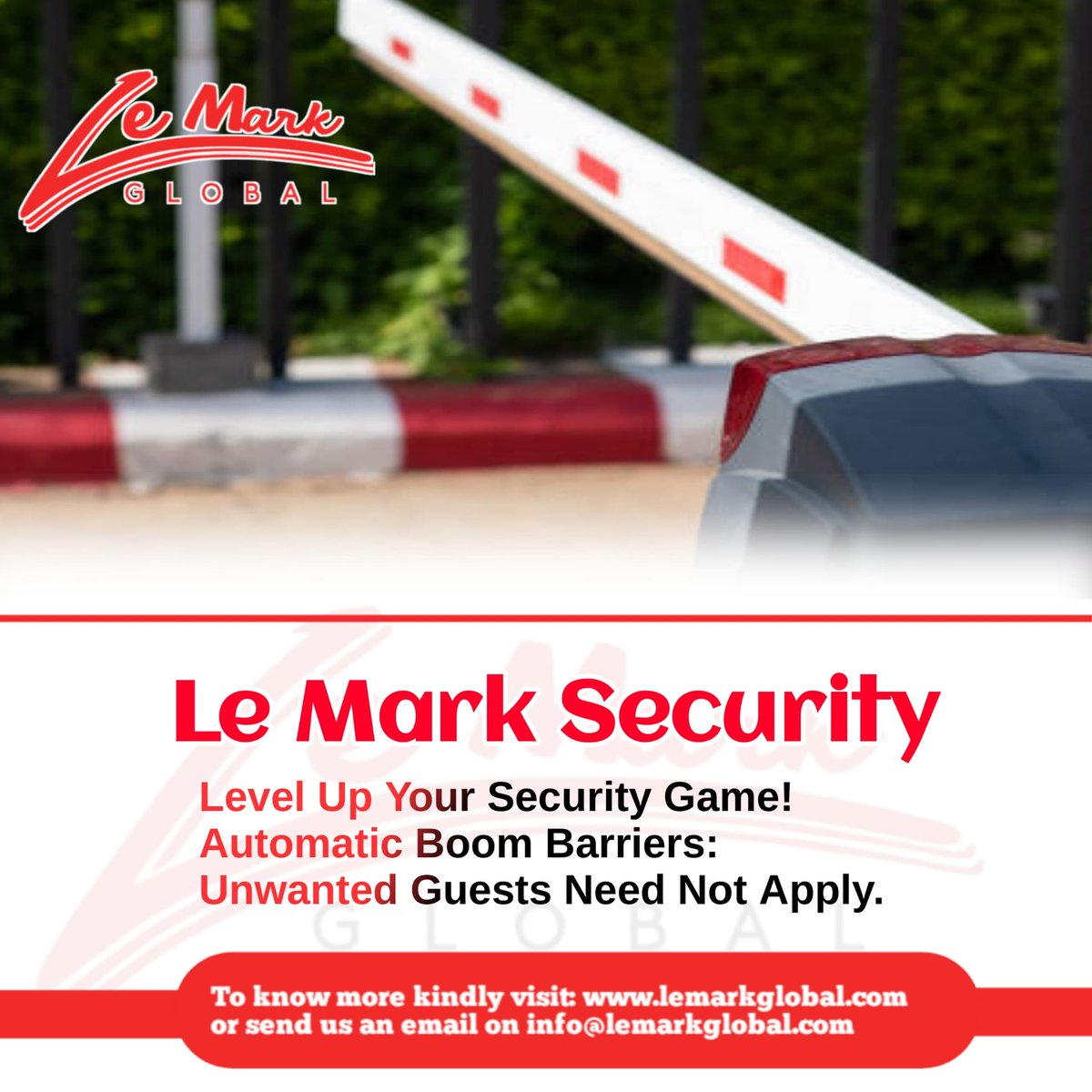 Visit our website to learn more!
lemarkglobal.com

#automaticboombarrier #parkinglotbarrier #securitygate #accesscontrolsystem #securitybarrier #parkingsecurity #boomgatesystem #carparkbarrier #securitysolution #entrysystem #automaticboombarrierforgatedcommunities