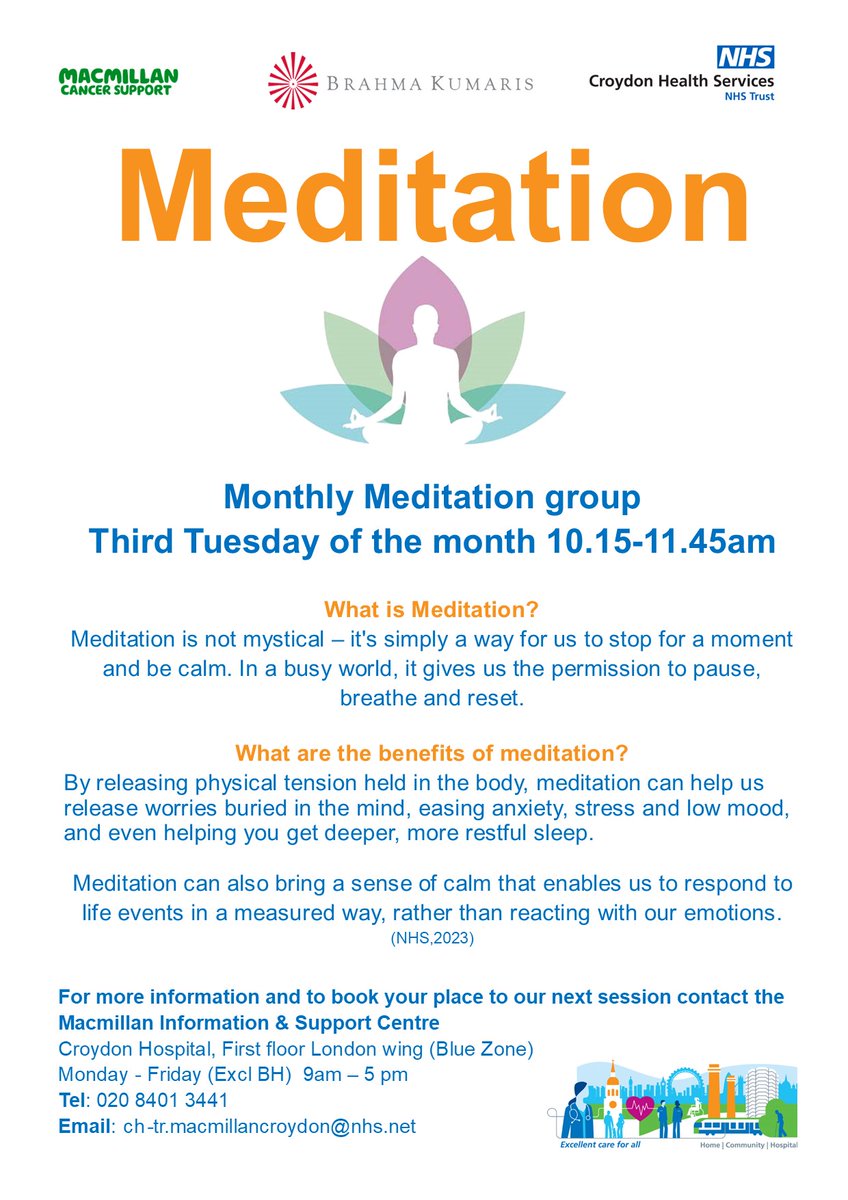 Join us next week Tuesday for our 2nd session with #Priti from @BrahmaKumarisUK at the @CroydonBMEForum .Come & learn #RajYogaMeditation. Booking is essential & new participants always welcome. Call us on 020 8401 3441 #LWBC #Healthandwellbeing #Croydon #Personalisedcare #cancer