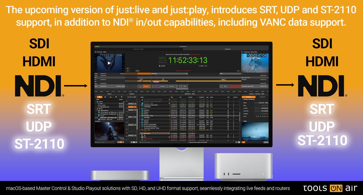 PLAYOUT ON MAC - ON-Premise - In the Cloud - Hybrid

As we gear up for NAB Show 2024, ToolsOnAir is excited to announce some ground-breaking advancements in our playout solutions, just:play and just:live, establishing a fresh benchmark for the broadcast industry.