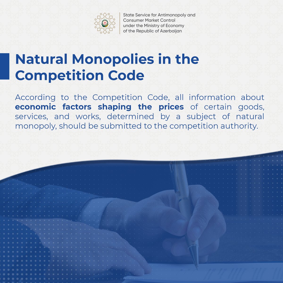 MammadAbbasbey1's tweet image. According to the #CompetitionCode, all information about #economic factors shaping the prices of certain goods, services, and works, determined by a subject of natural monopoly, should be submitted to the #competition authority.

In this regard, the competition authority will be