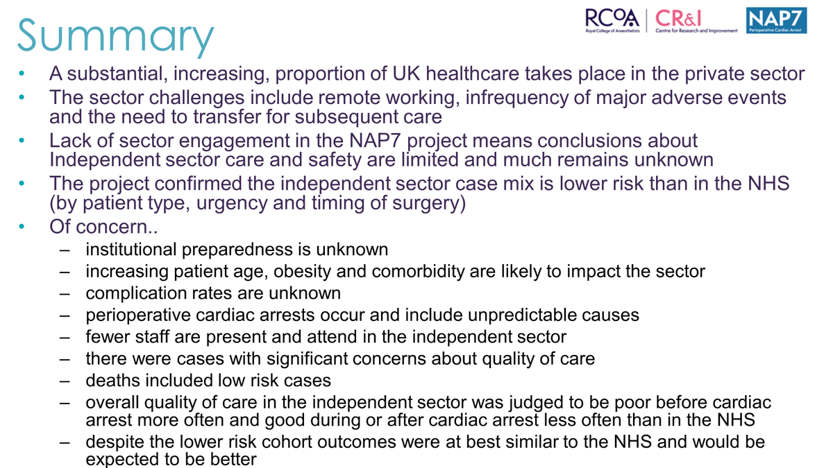 So the one slide summary on perioperative cardiac arrest in private hospitals is here To be clear much work takes place in all sectors to promote safety. The vast majority of anaesthesia and surgery is very safe and outcomes good. But anaesthesia and surgery has risk, some of…