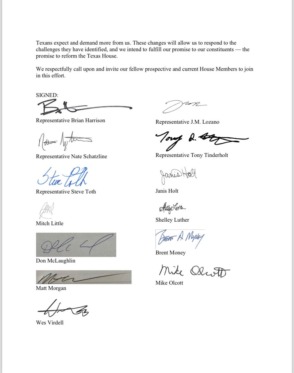 13 #txlege House Republicans (5 incumbents, 8 presumptive reps) release a “Contract With Texas” outlining requirements they’d need to see to gain their vote for speaker. #txlege It includes GOP only base of support, no Dem chairs, two-term limit for a speaker, and more.