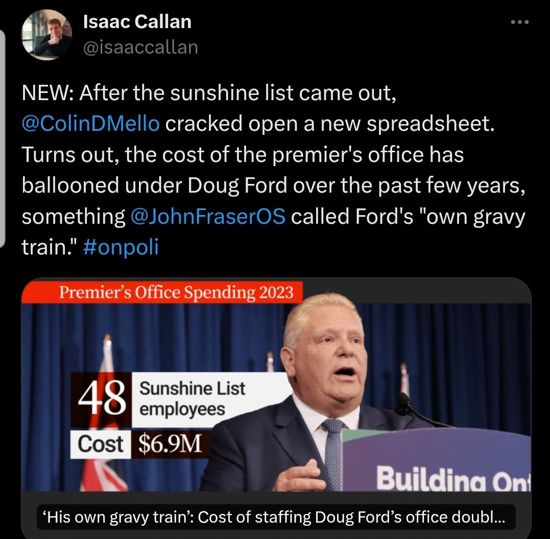 Freire1Pb's tweet photo. Doug Ford more than doubles his #Graveytrain at Queens Park to 48 staff and costing Ontario taxpayers $6.9 million per year at a time when many Ontario families are already struggling to make ends meet as Ford counts on Ontario taxpayer to pay his for #Graveytrain at Queens Park. https://t.co/fnzH7w0n1a